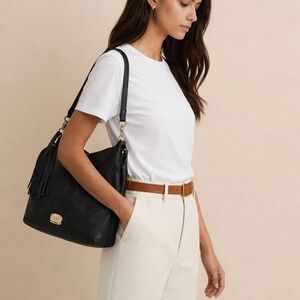 MICHAEL Michael Kors Black Pebble Soft Leather Shoulder Bag with Gold Accent EUC